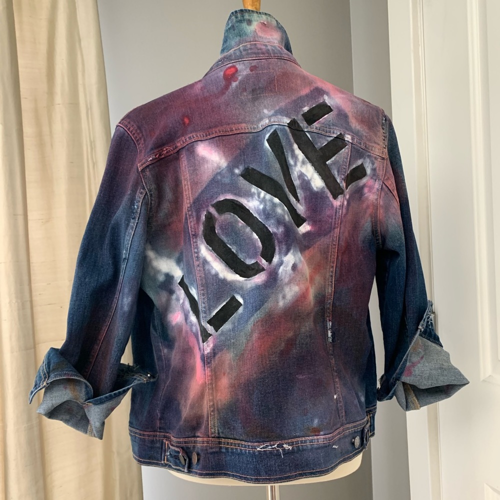 Custom “LOVE” graffiti distressed denim jacket
